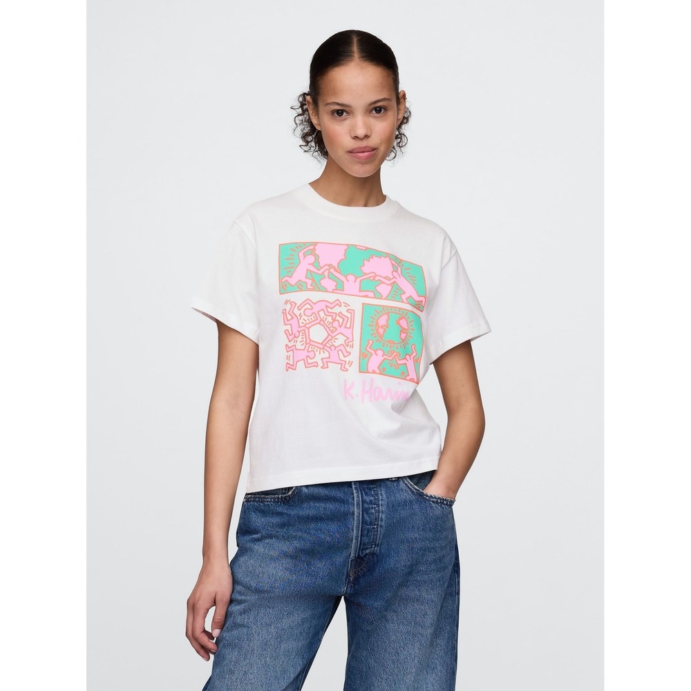 Gap Keith Haring Pop Art Graphic Tee White Pink Teal Cotton Size L Tall NEW